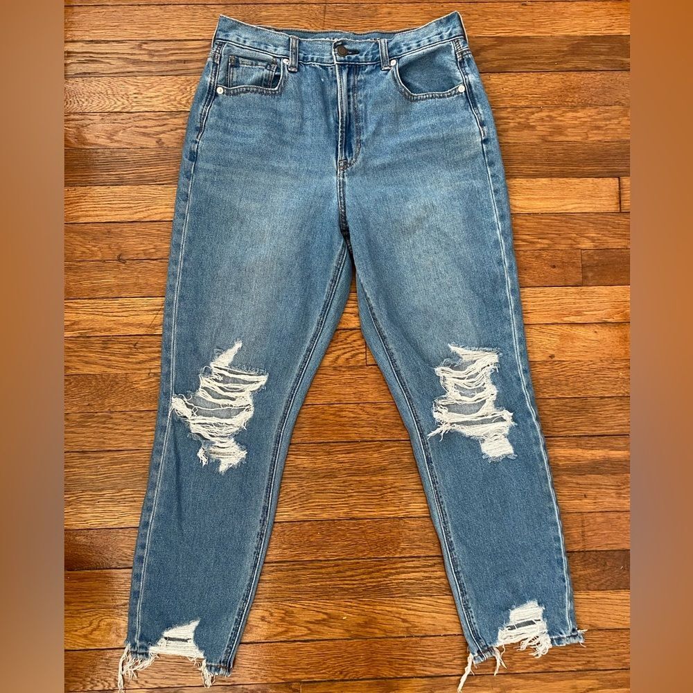 American Eagle Outfitters Distressed Blue High-Rise Mom Jeans